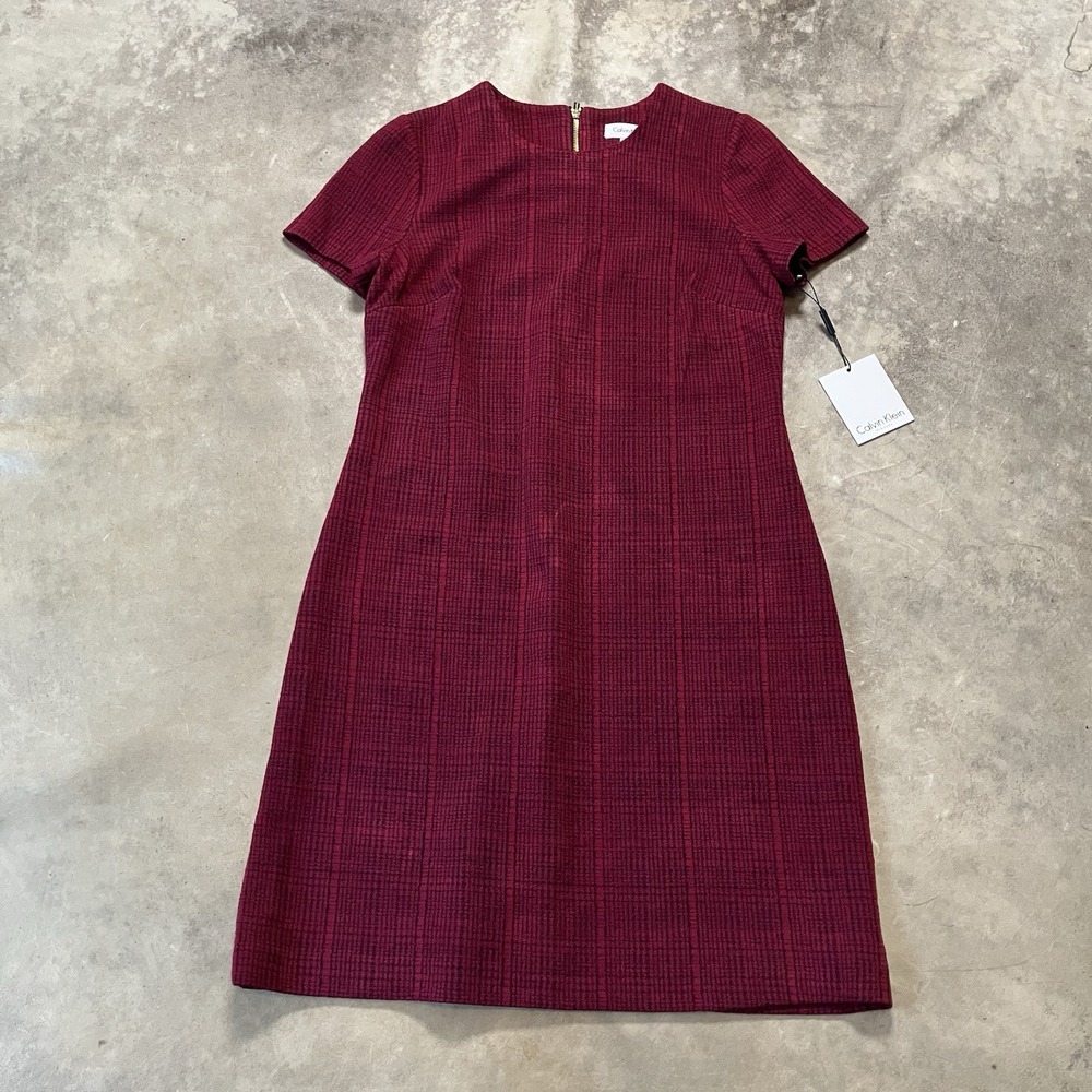 CALVIN KLEIN Dress Womens Sz 6 Thick Stretch Knit Plaid Sheath Red Black